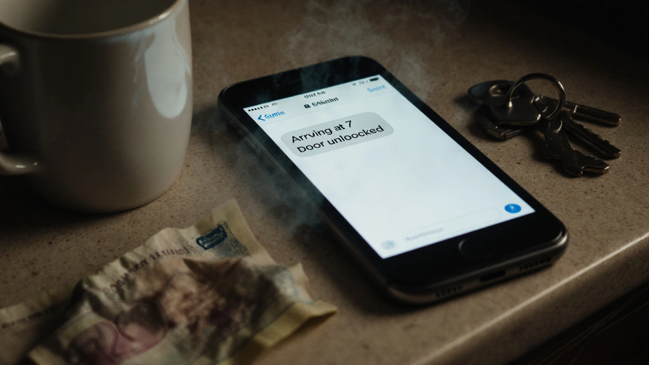 A smartphone showing an encrypted message and a £20 note on a kitchen counter with a steaming mug.