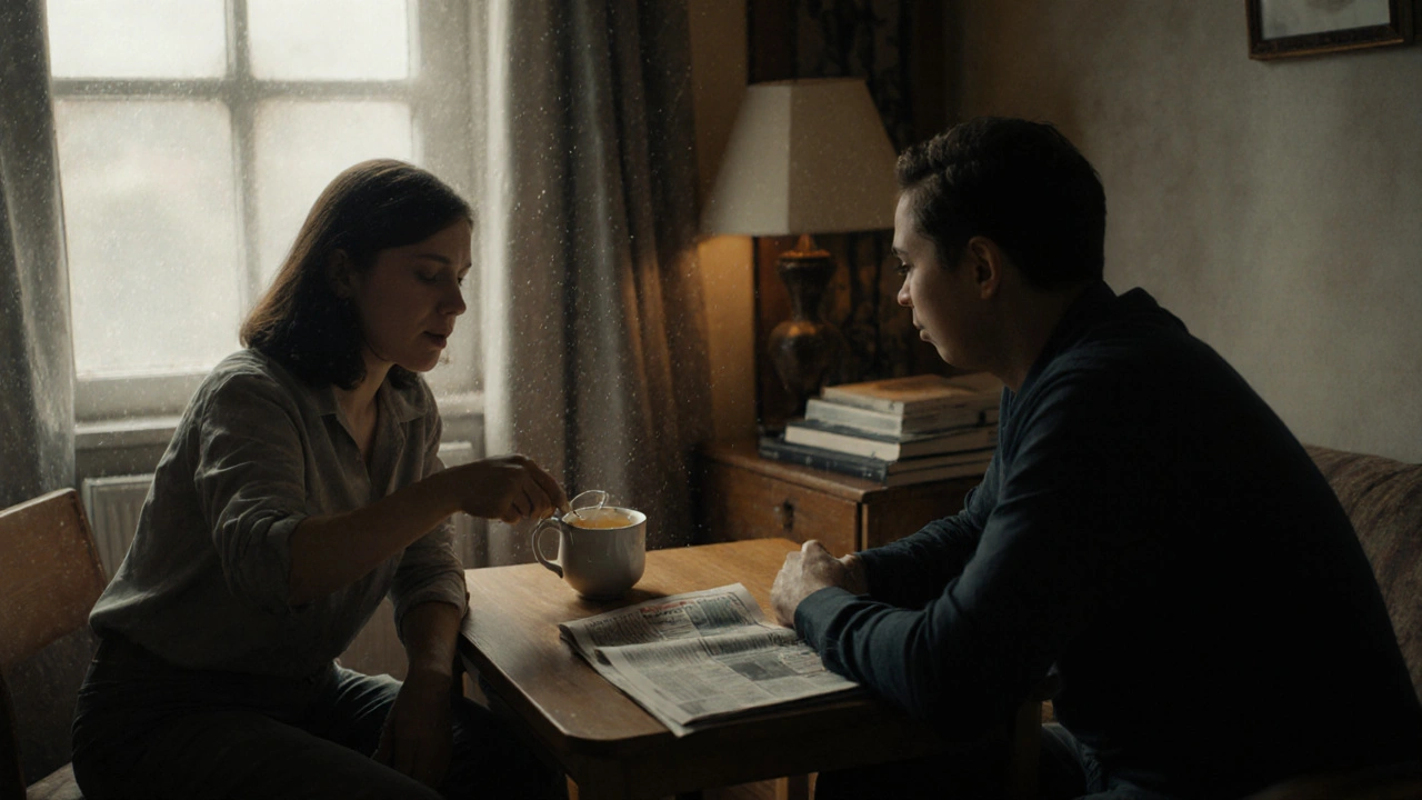 A woman pouring tea for a client in a cozy E17 flat, natural light and books on the table, calm atmosphere.