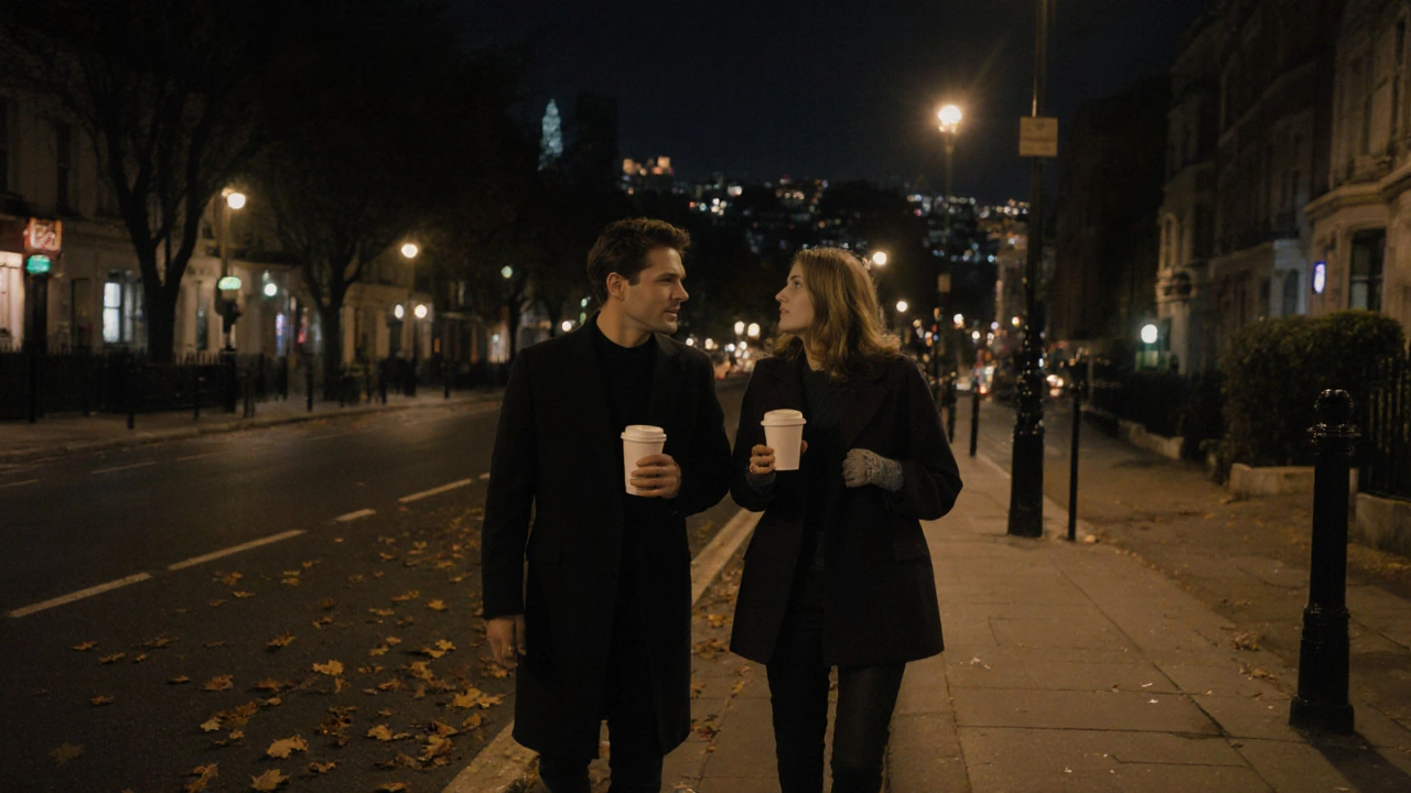 A British escort and client walking together at night in Notting Hill, sharing quiet companionship.