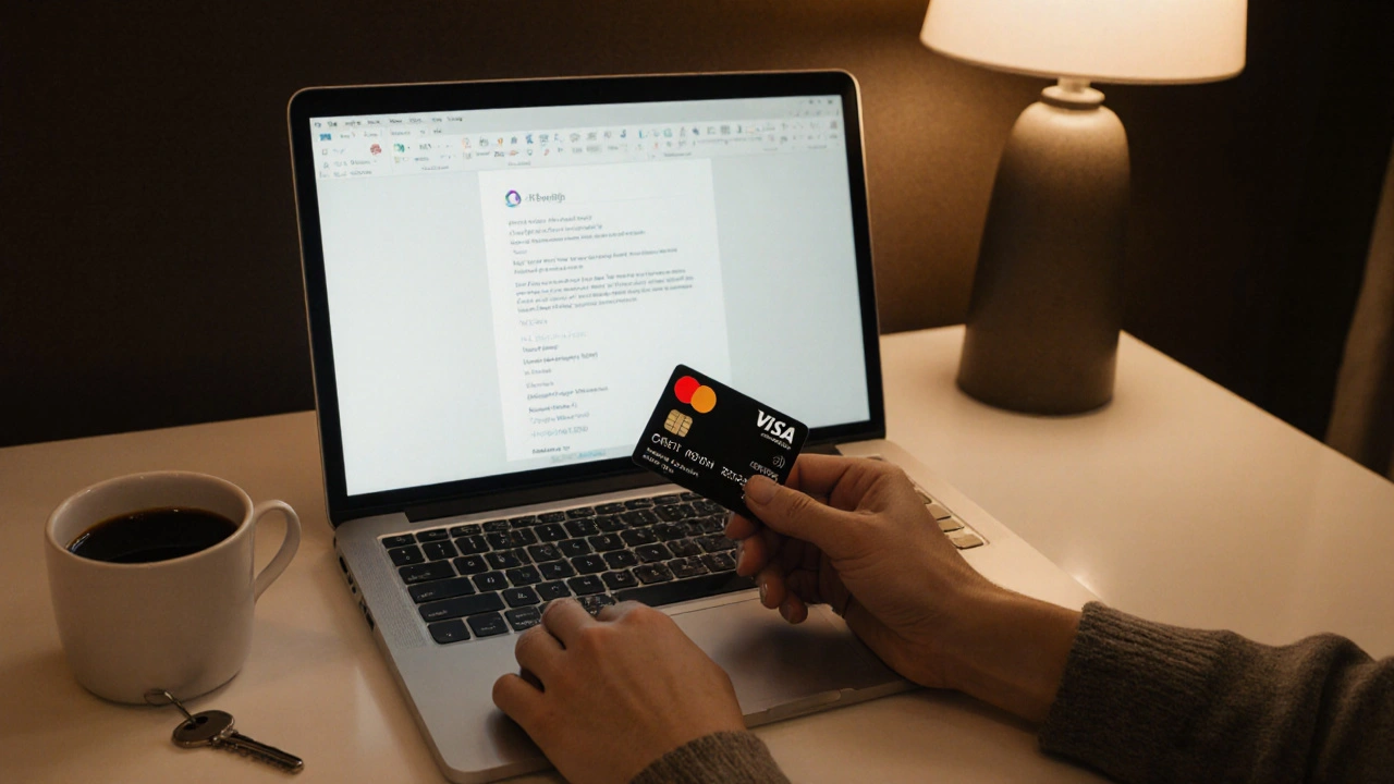A credit card on a hotel desk next to a laptop showing a booking confirmation, no faces visible.