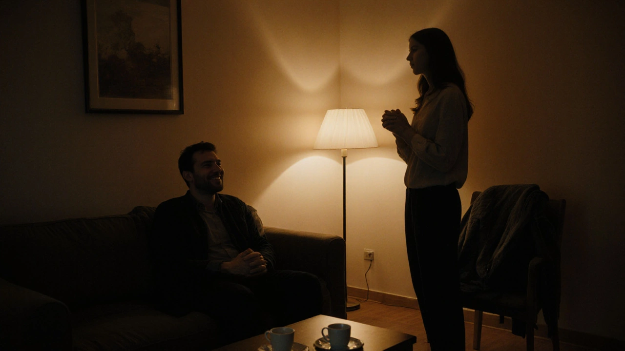 A man and woman in a private living space, sharing a quiet moment with tea and relaxed body language.