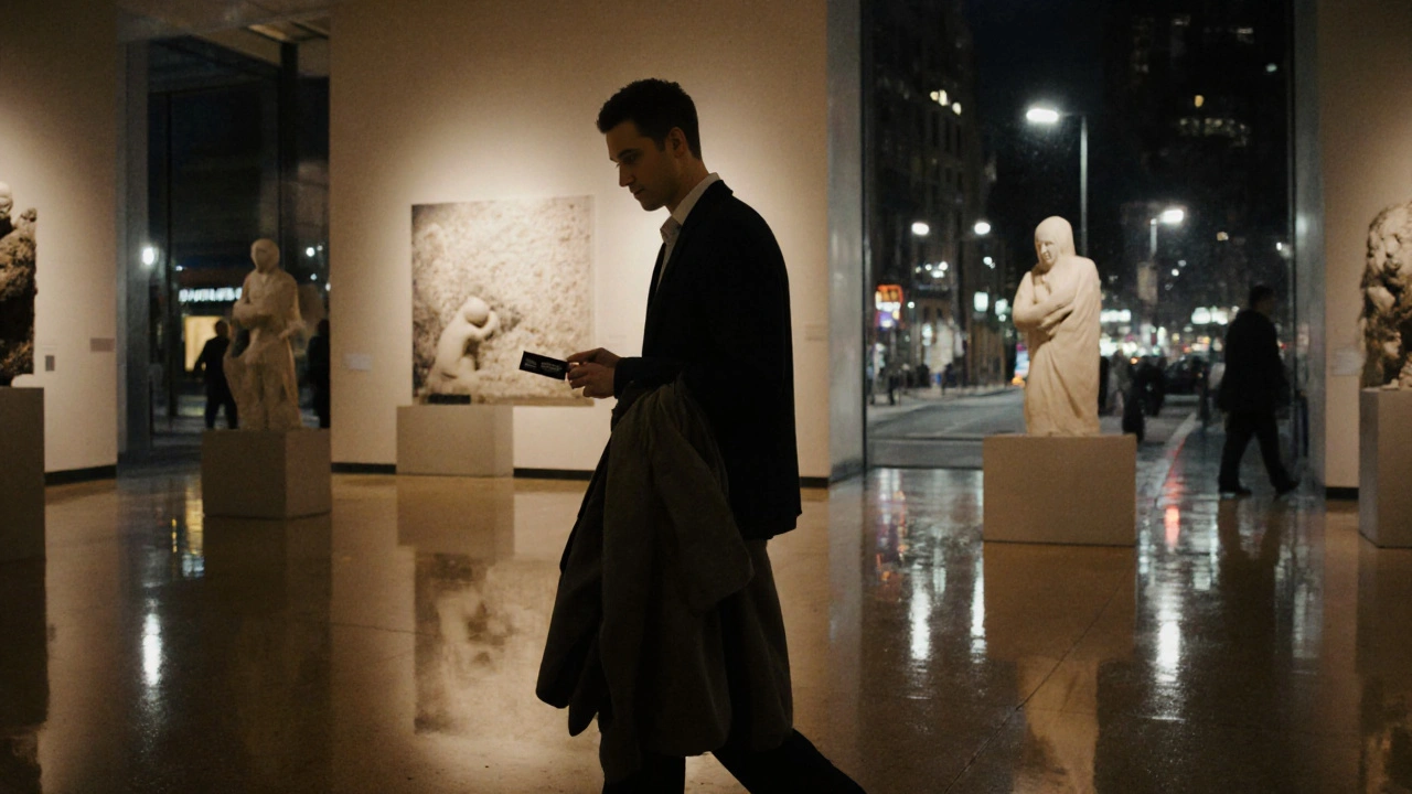 A person walking through an art gallery at night, holding a business card, symbolizing the search for meaningful companionship.