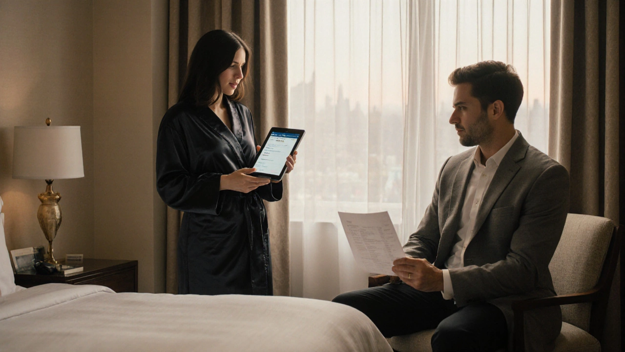 A professional outcall in a boutique hotel room, showing mutual trust and discretion between two individuals.