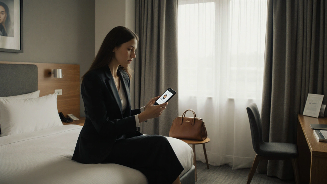 A professional woman in a hotel room, calmly holding a phone showing a verified escort profile.