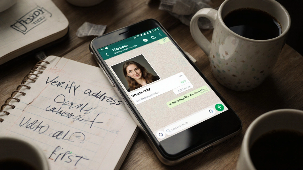 A smartphone displays a private WhatsApp chat with a professional profile photo and safety notes nearby.