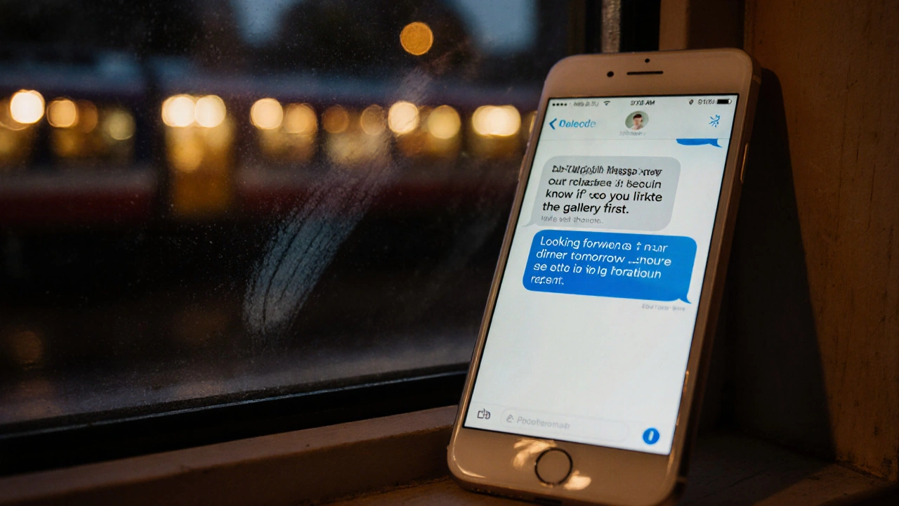 A smartphone on a windowsill showing a private message about a planned evening out in East Dulwich.