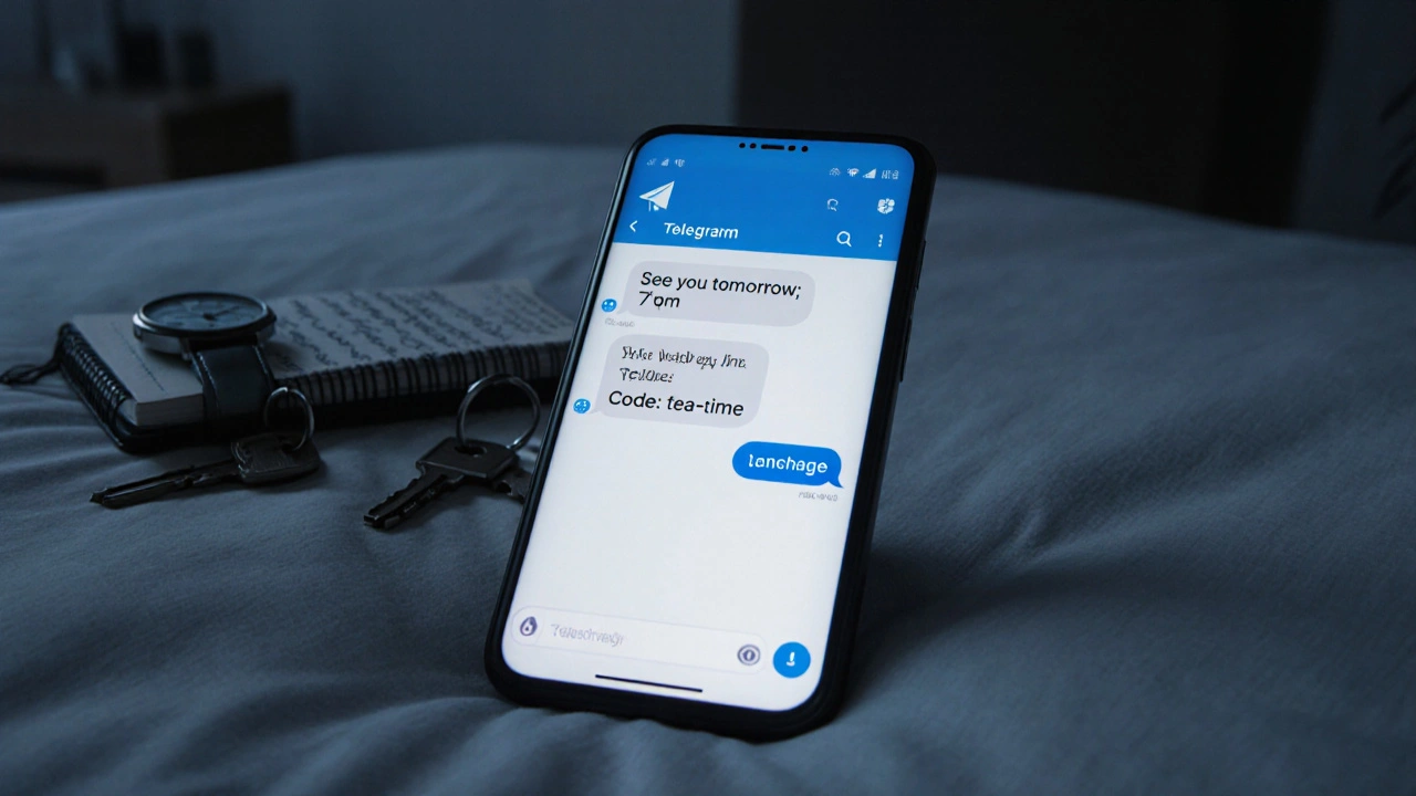 A smartphone screen showing a private Telegram message with a code word for an escort meeting.