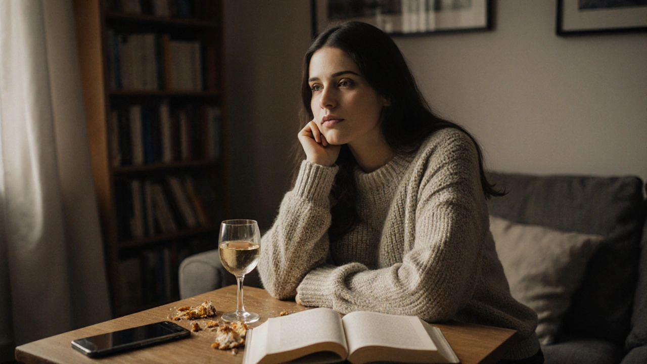A woman relaxes in a cozy living room, sharing a quiet moment over wine and conversation.