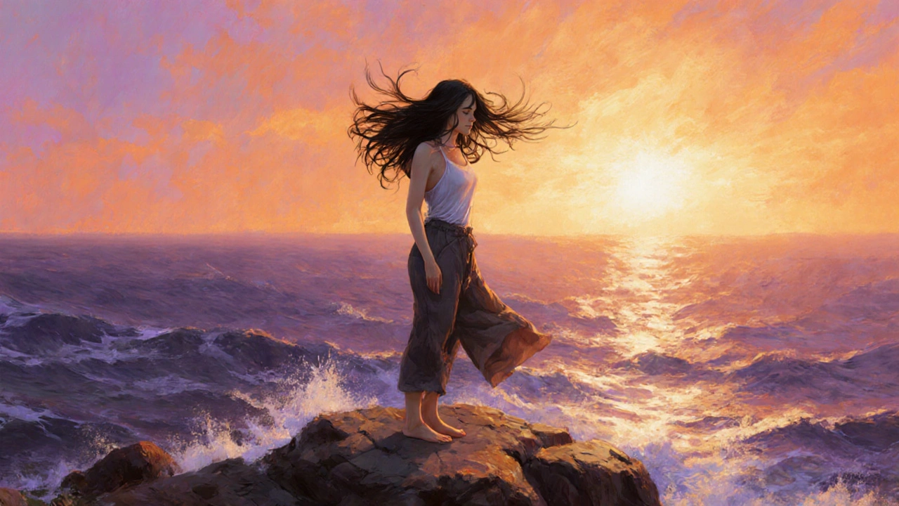 A woman stands on a cliff at sunset, wind blowing through her natural hair, representing freedom and self-acceptance.