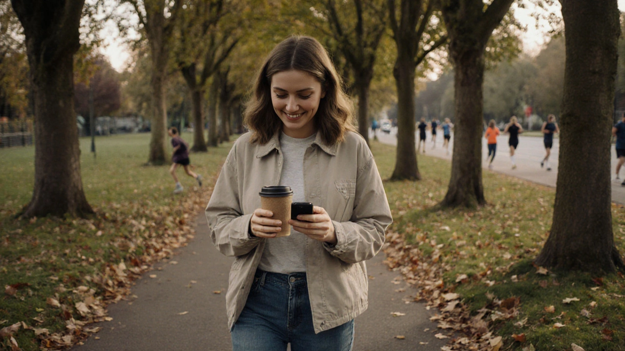 A woman walking calmly in Brockley Park with a coffee cup, surrounded by trees and autumn leaves.