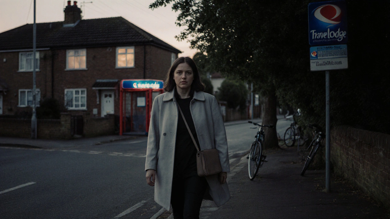 A woman walking home down a quiet Barking street at dusk, modest house and bus stop in background.