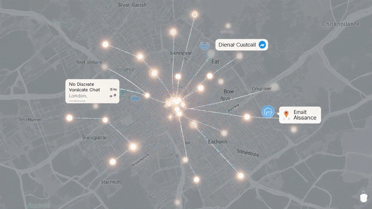An abstract map of East London with discreet digital connections glowing between neighborhoods, symbolizing private escort services.