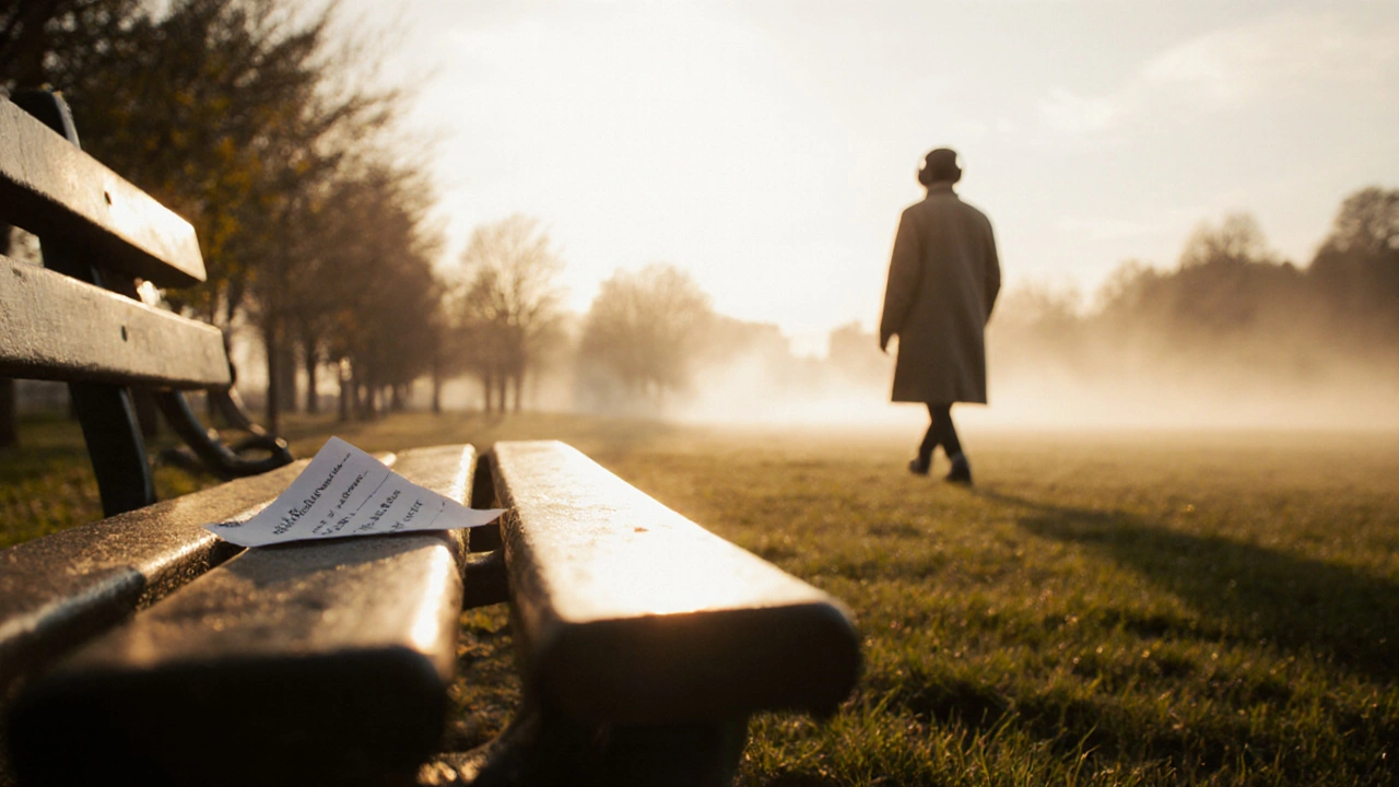 An empty park bench at dawn with a folded note on it, a distant figure walking away under soft sunrise light.
