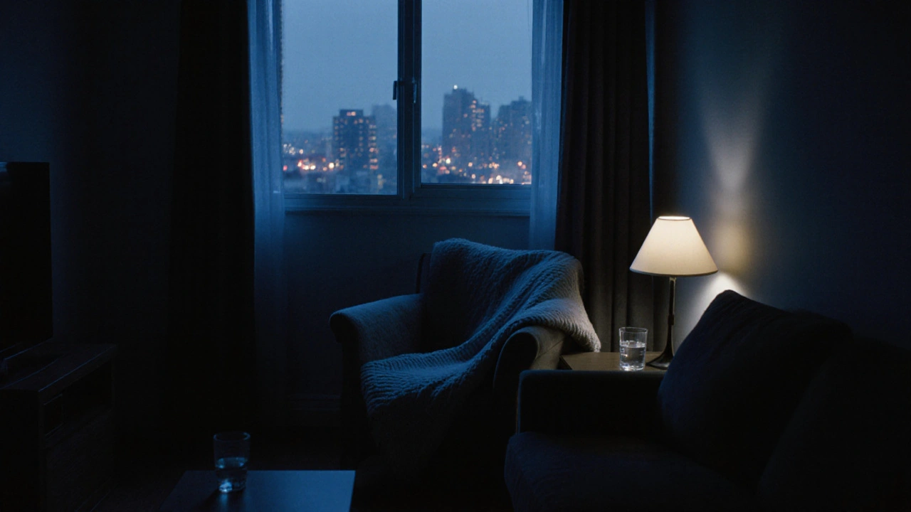 An empty, softly lit apartment room with a chair and glass of water, suggesting a recent discreet meeting.