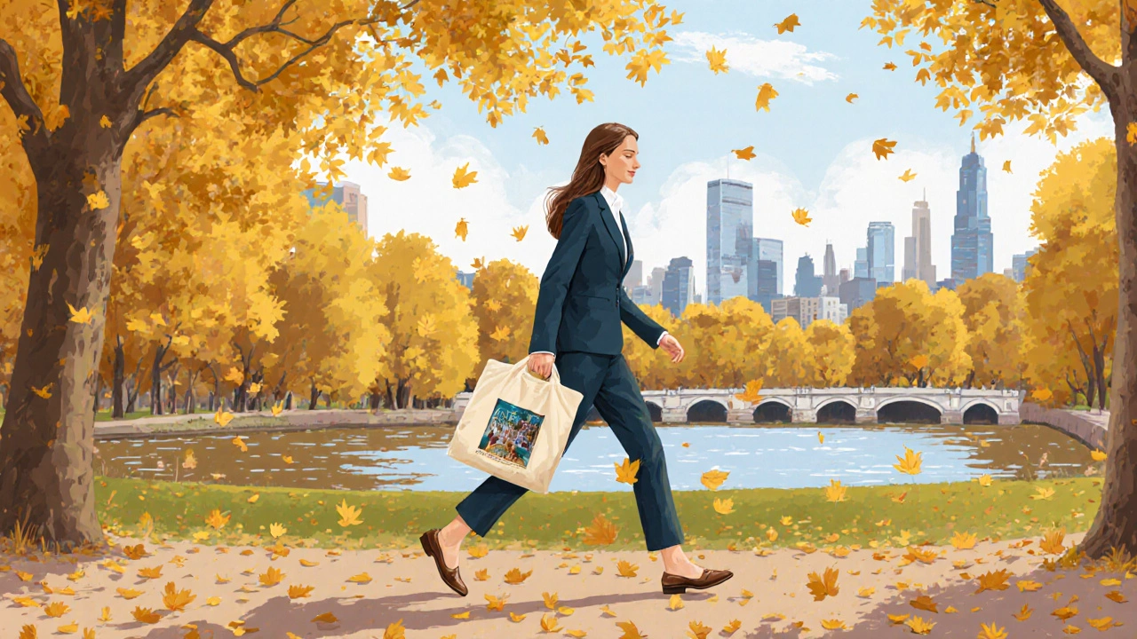 An escort walking through Hyde Park with a museum brochure, blending into the autumn cityscape.