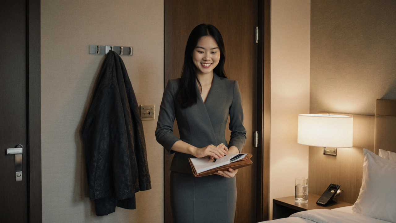 An independent escort in a secure hotel room, holding a planner, exuding professionalism and calm autonomy.
