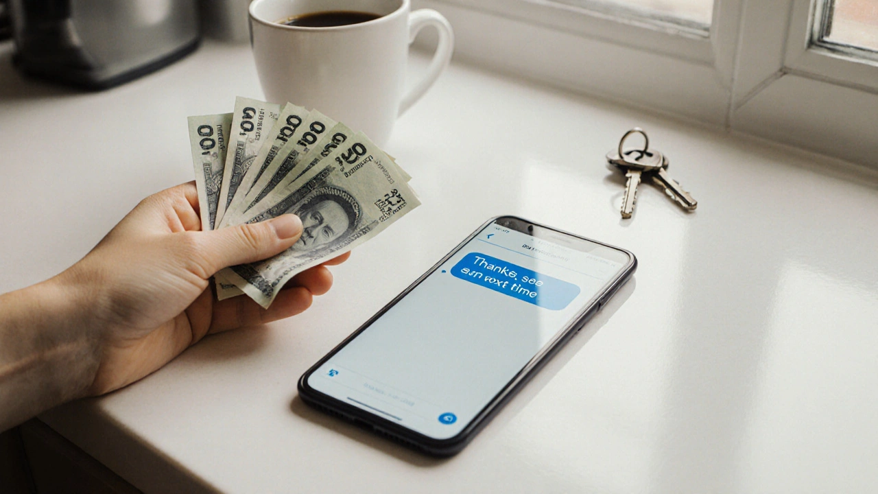 Cash is placed on a kitchen counter beside a phone with a simple message, no faces shown, conveying respect and closure.