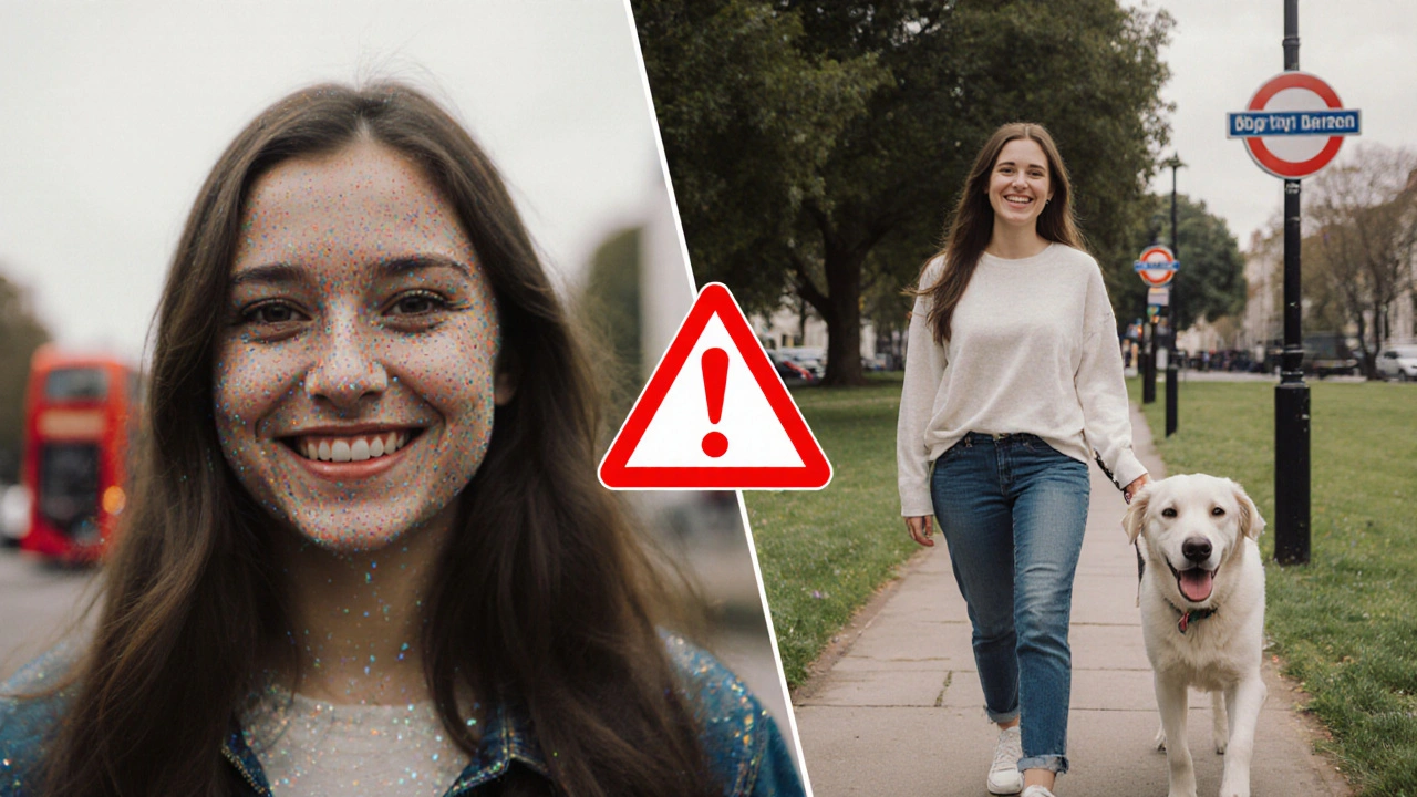 Contrasting fake online profile vs real person, symbolizing escort service authenticity.