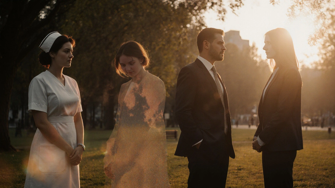 Diverse individuals in Algate park at dusk, each silently connected by emotional cues.
