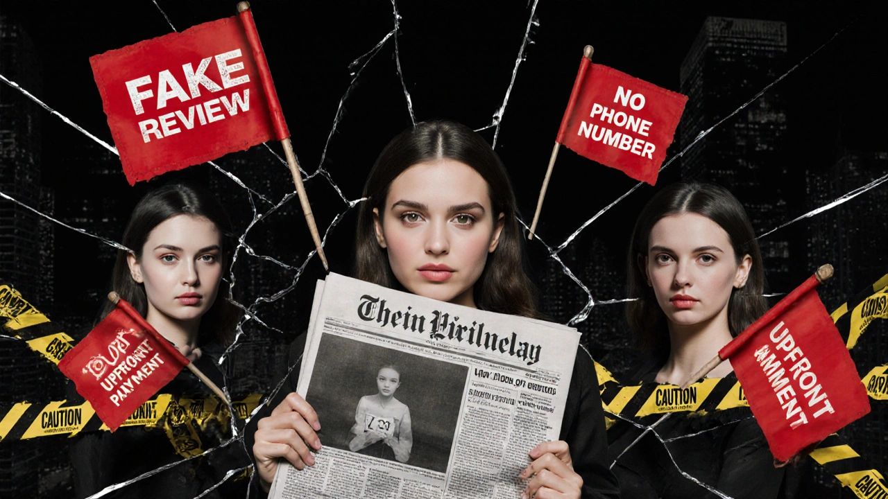 Fractured mirror reflecting fake, real, and warning versions of an escort with red flags.