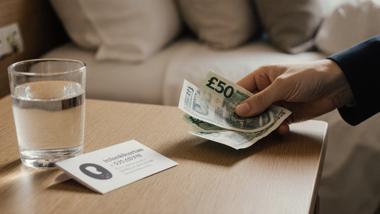 Hand placing cash on a nightstand beside a glass of water and a business card in a hotel room.