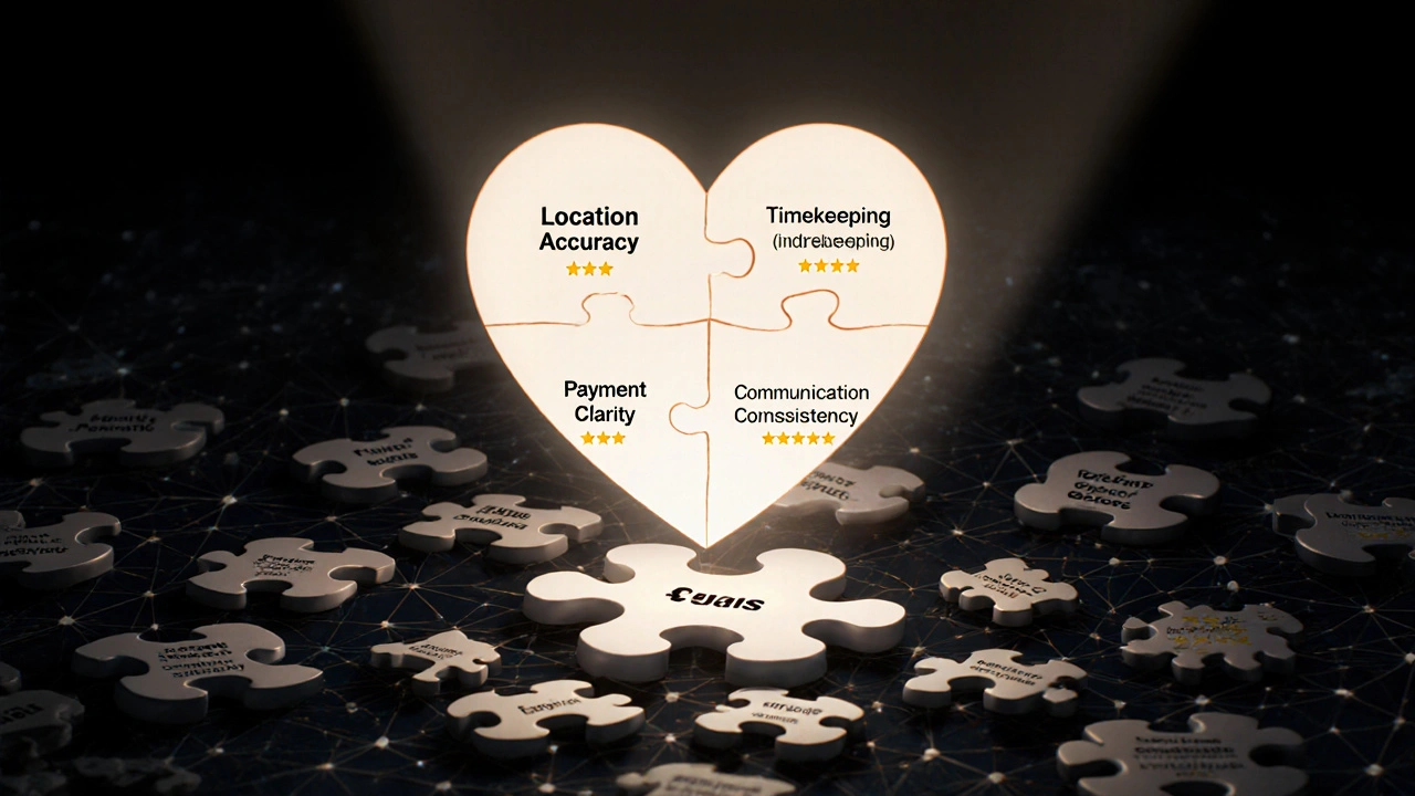 Human heart made of review criteria pieces, surrounded by fake ratings and stolen photos.