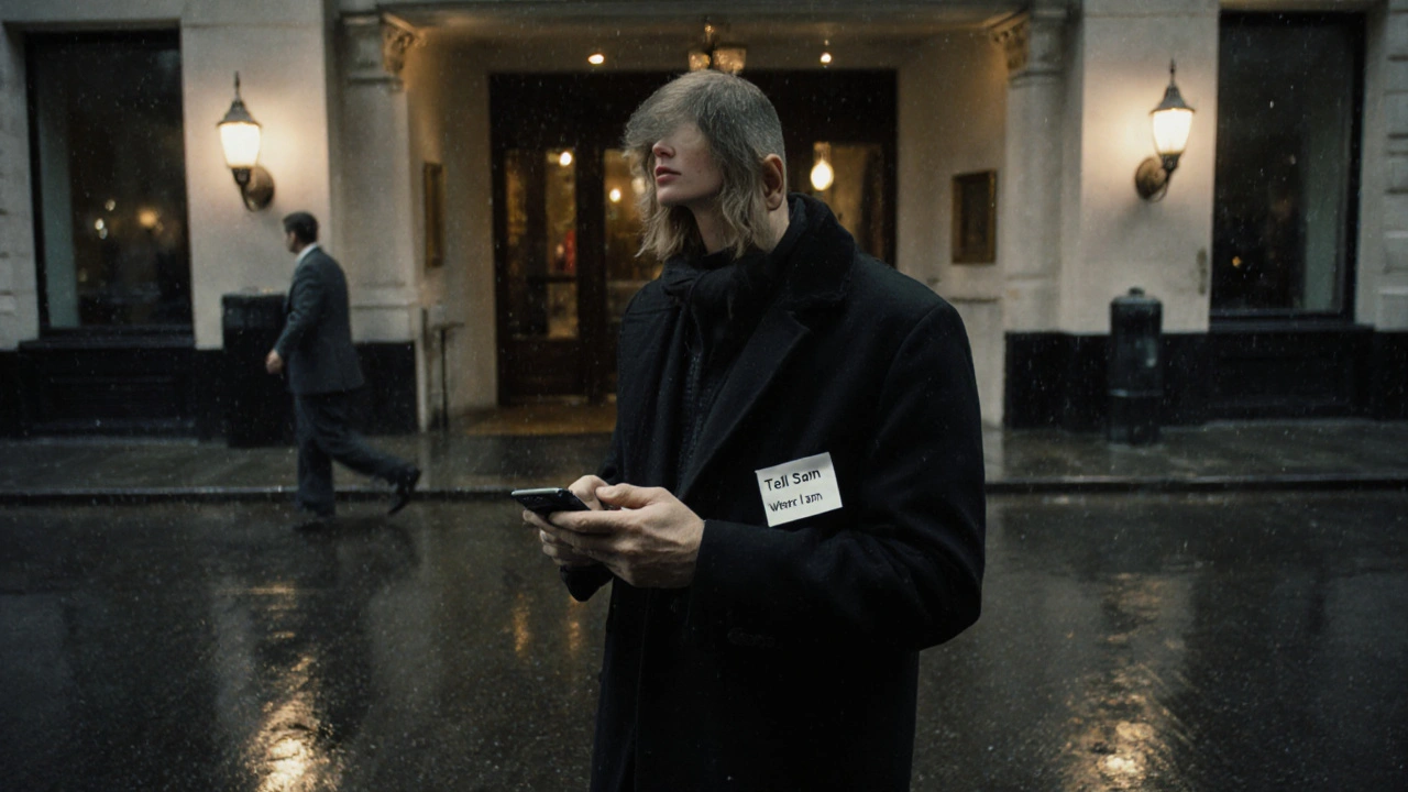 Man waiting nervously in a London hotel lobby for an escort under rainy streetlights.