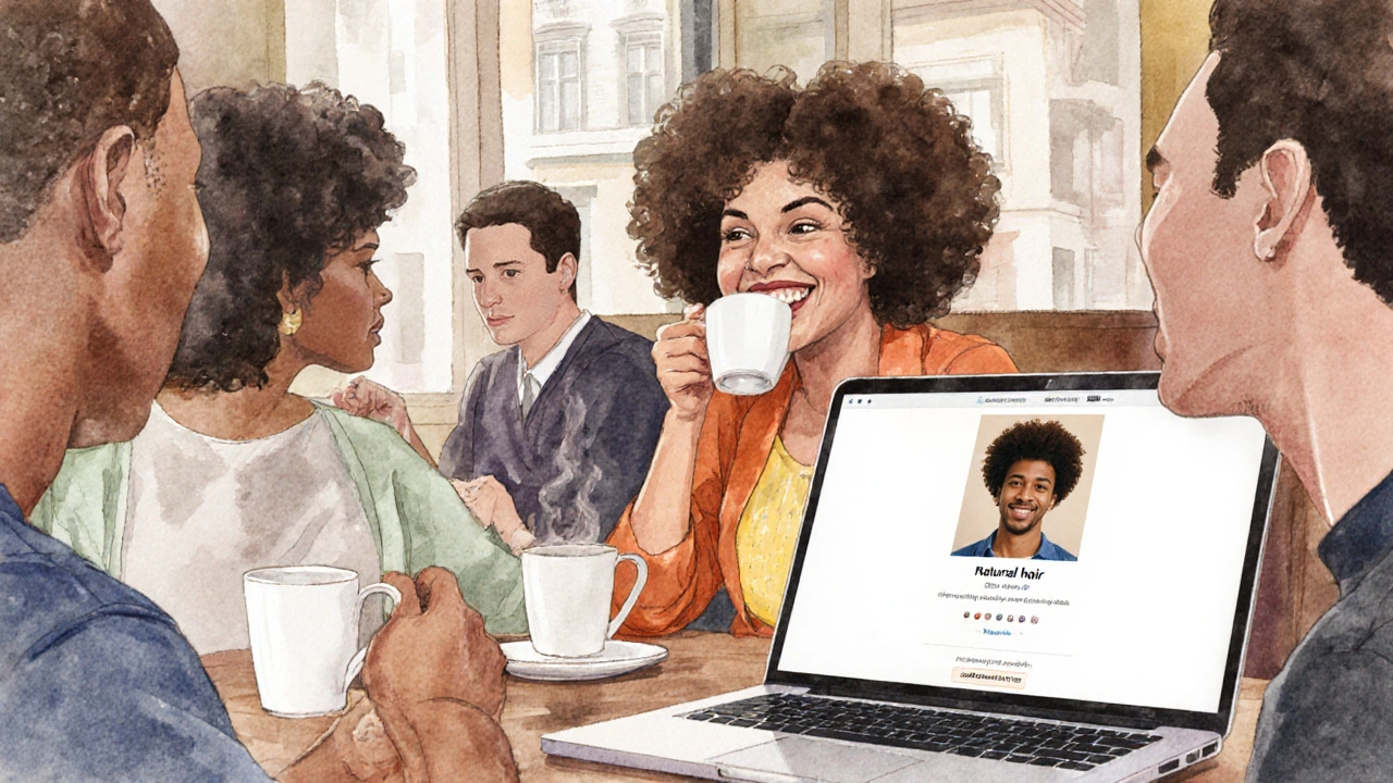 People converse in a London café, one woman with natural hair smiles warmly, symbolizing real connection.