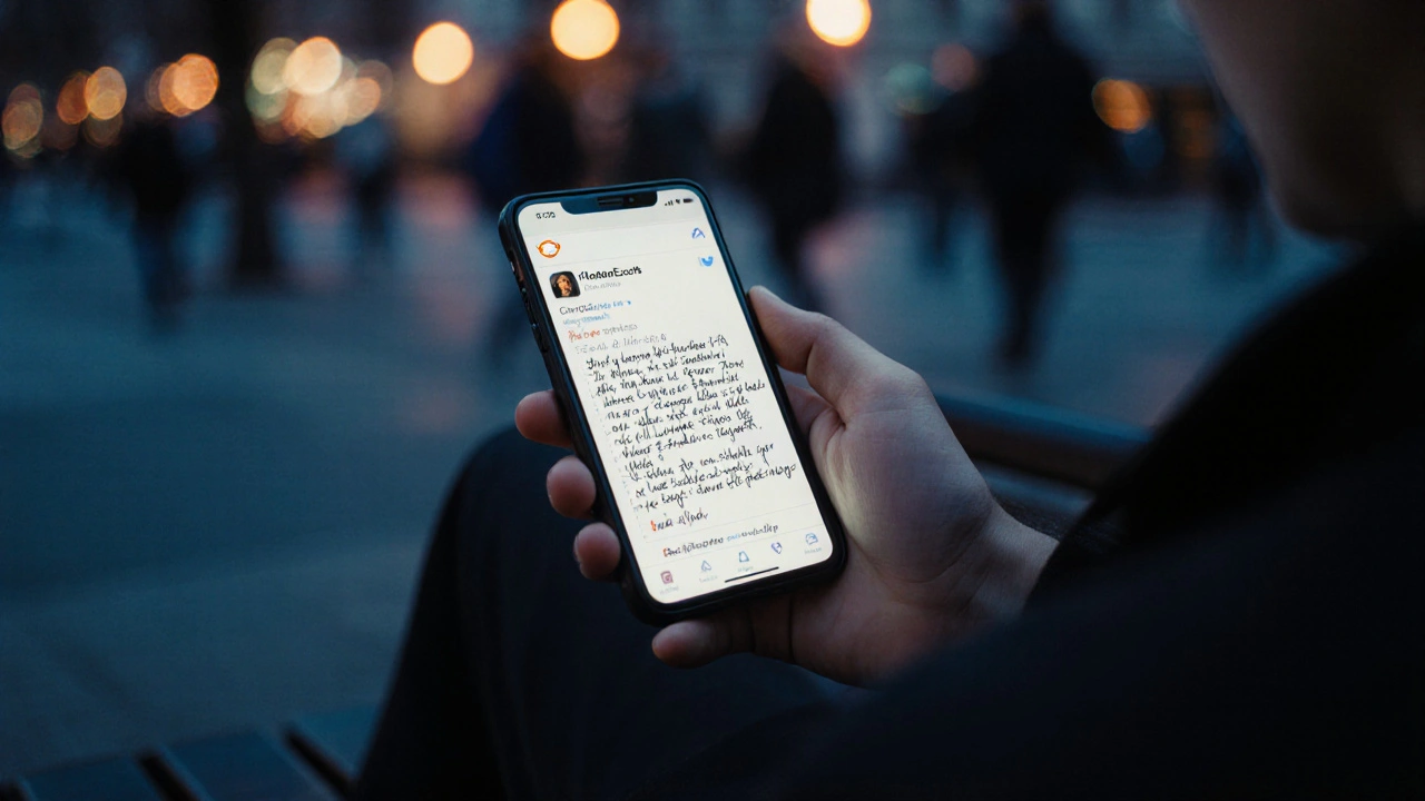 Person on a London park bench reviewing a detailed, honest escort feedback on their phone.
