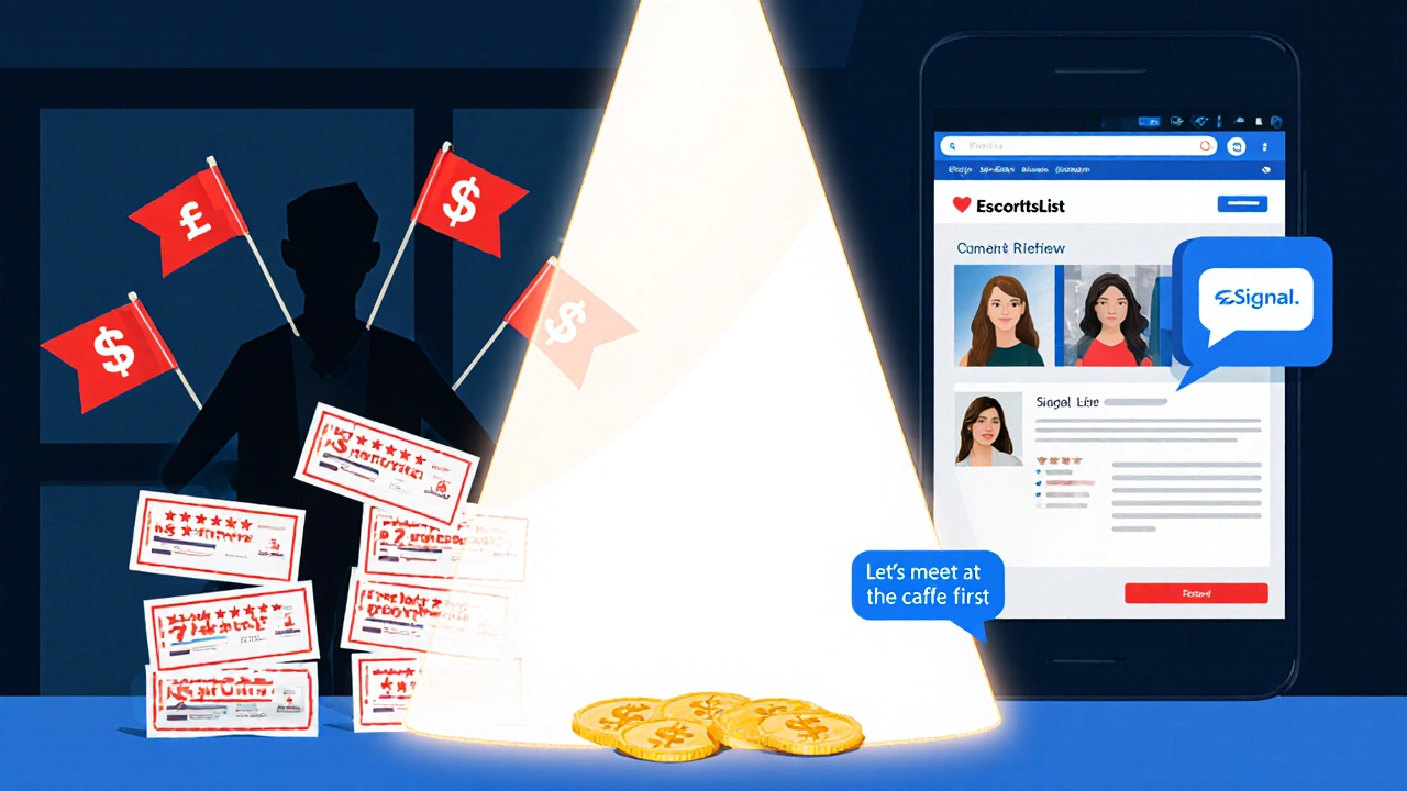 Split-screen contrast: shady agency on left, verified escort profile on right, with light symbolizing safe choice.