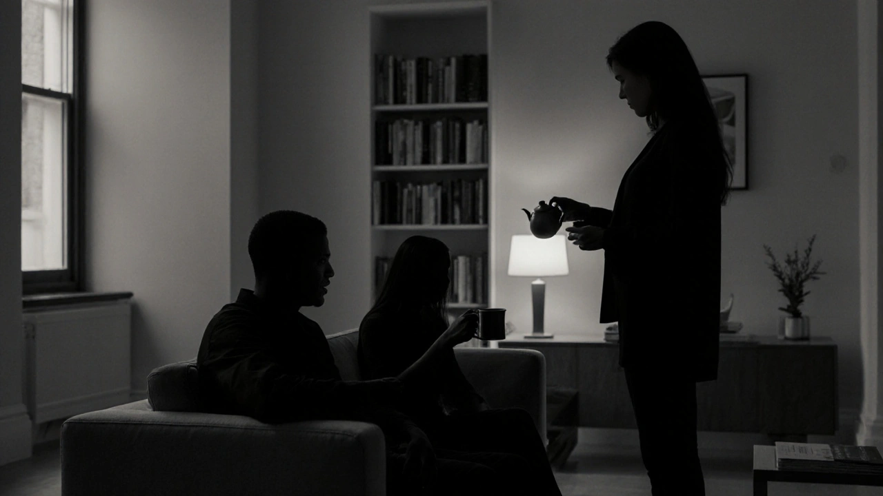 Three abstract silhouettes in a Mayfair apartment, conveying trust and calm companionship.