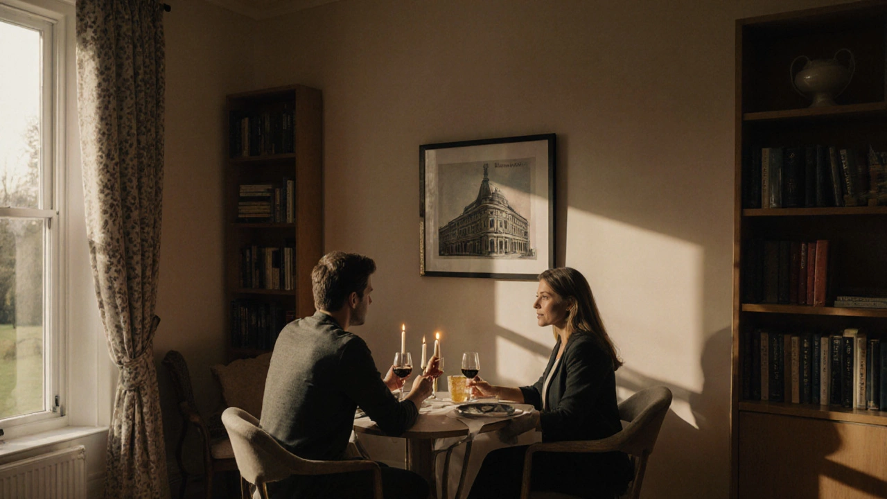 Two people having a calm dinner conversation in a cozy apartment with soft lighting and local artwork.