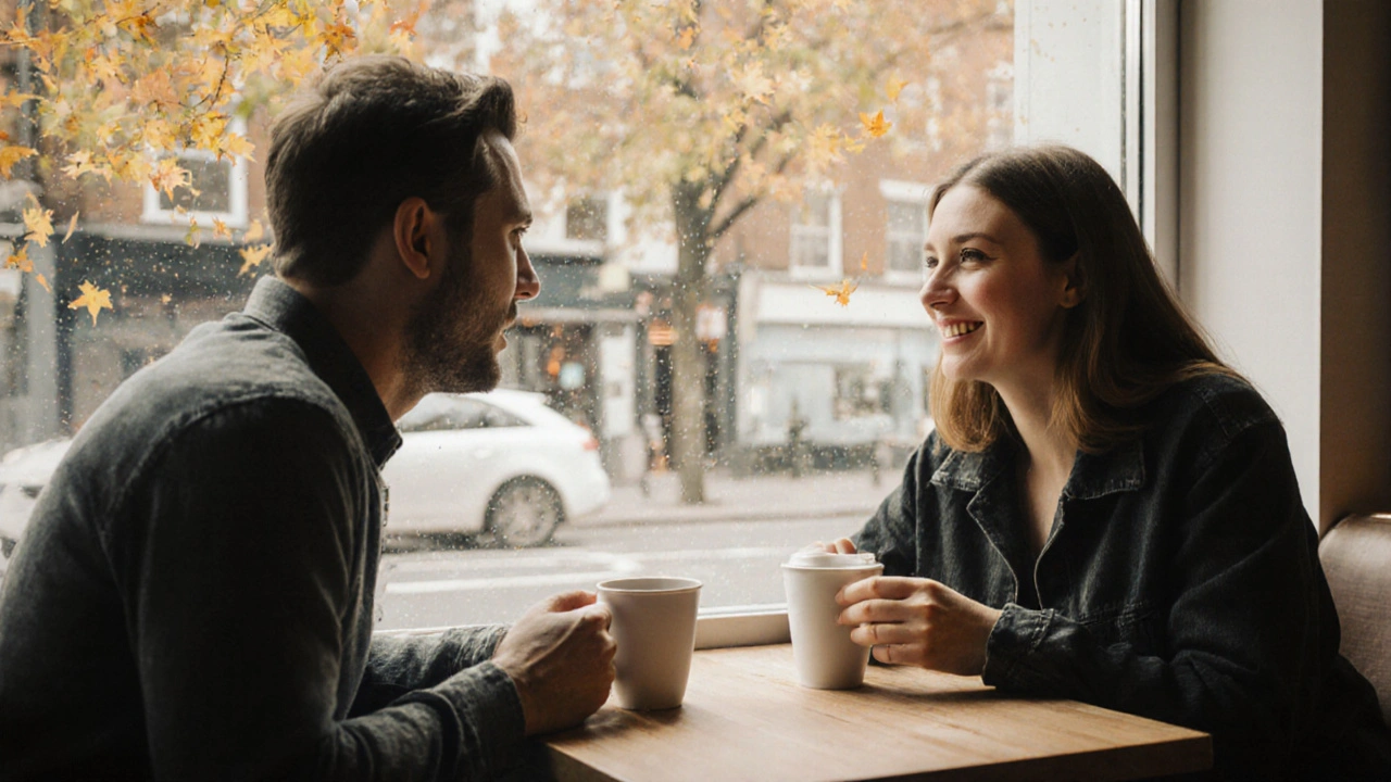 Two people having a respectful coffee conversation in a quiet East London café, conveying companionship and human connection.