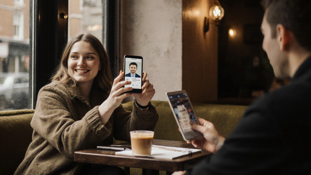 Two people having quiet conversation at a Brockley café, one holding a phone with a verified profile.