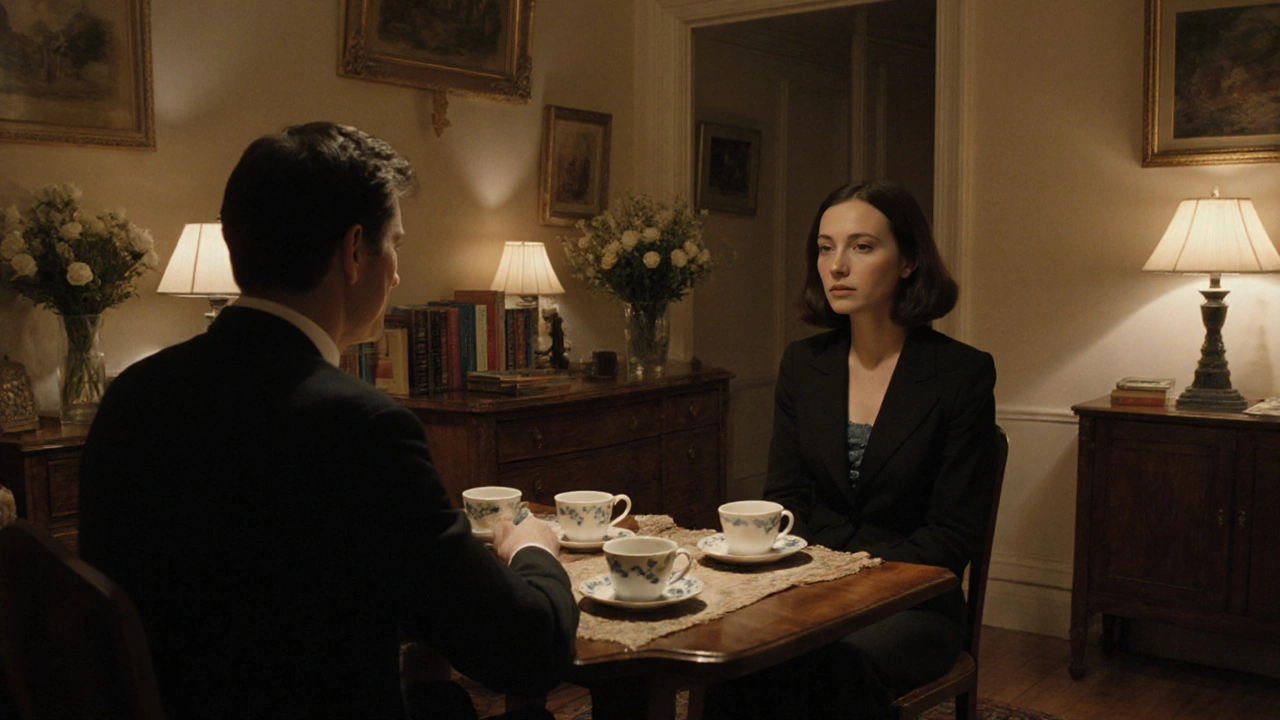 Two people sit quietly together at a small table, sharing tea in a cozy Highbury flat, engaged in calm conversation.