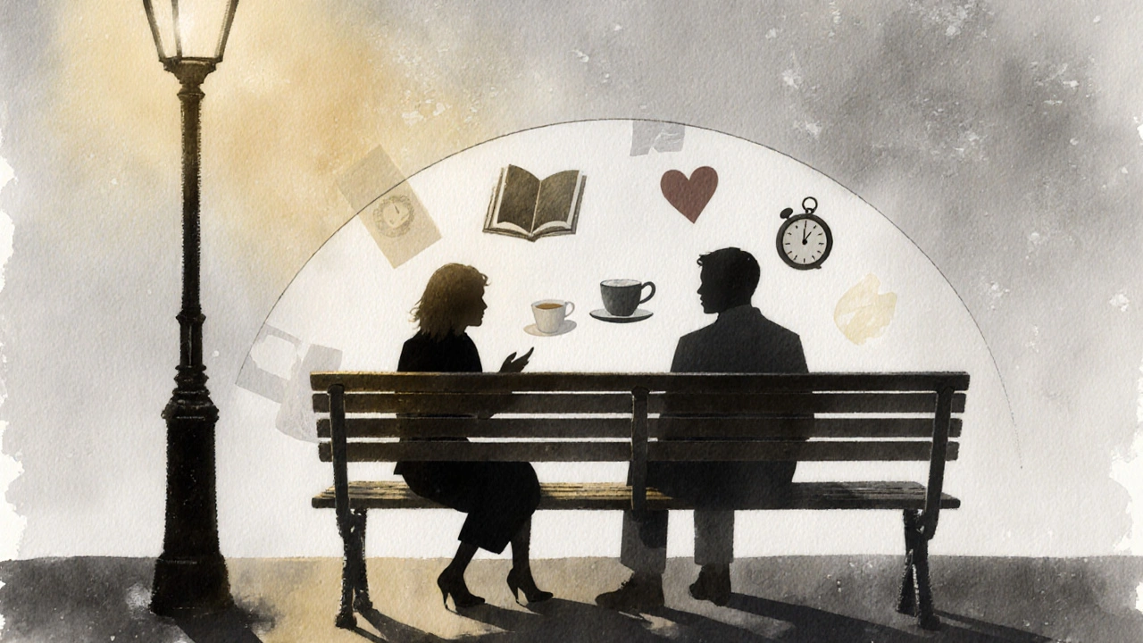 Two silhouettes on a park bench in Barking, symbolic fragments floating between them in watercolor style.