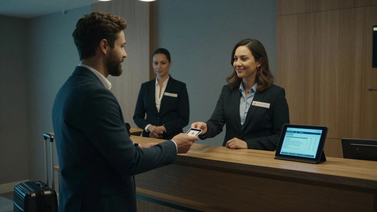 A client and escort in a hotel lobby, exchanging payment securely and respectfully.