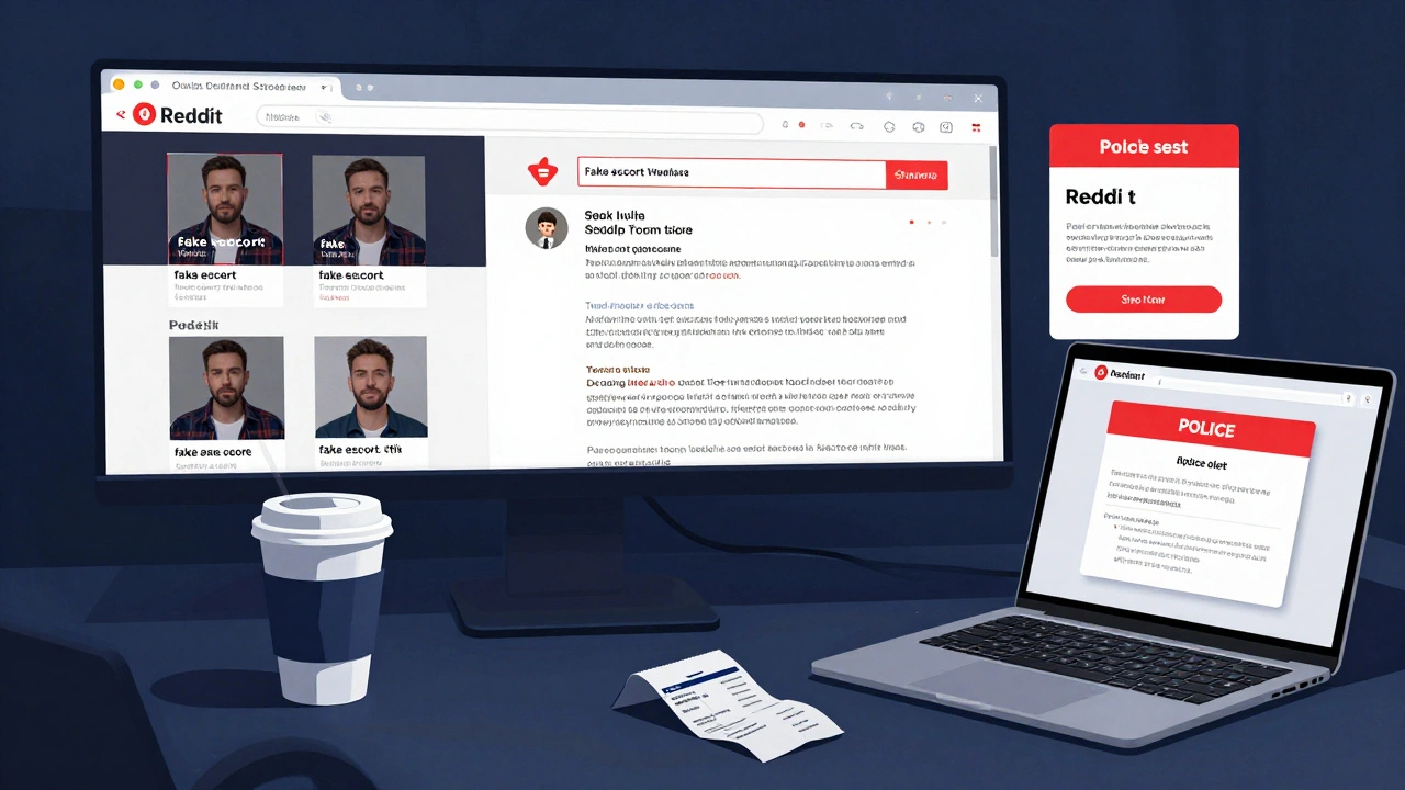 A computer screen displaying fake escort ads, scam forums, and a police alert on a cluttered desk.