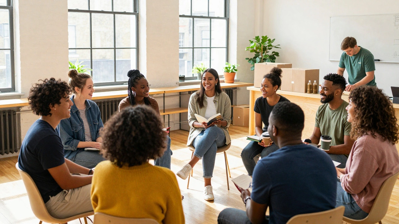 A diverse group of people socialize warmly in a sunlit community center, sharing laughter and conversation.