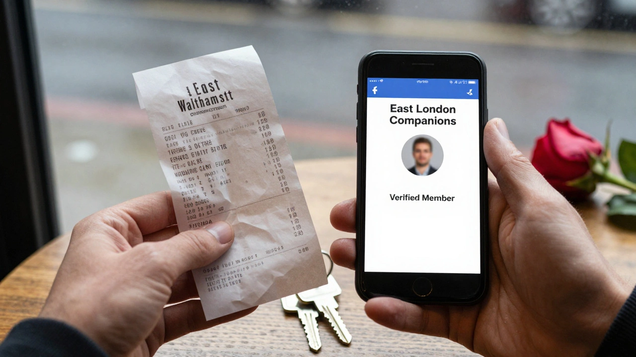 A hand holding a café receipt beside a smartphone showing a private East London companionship group invite.