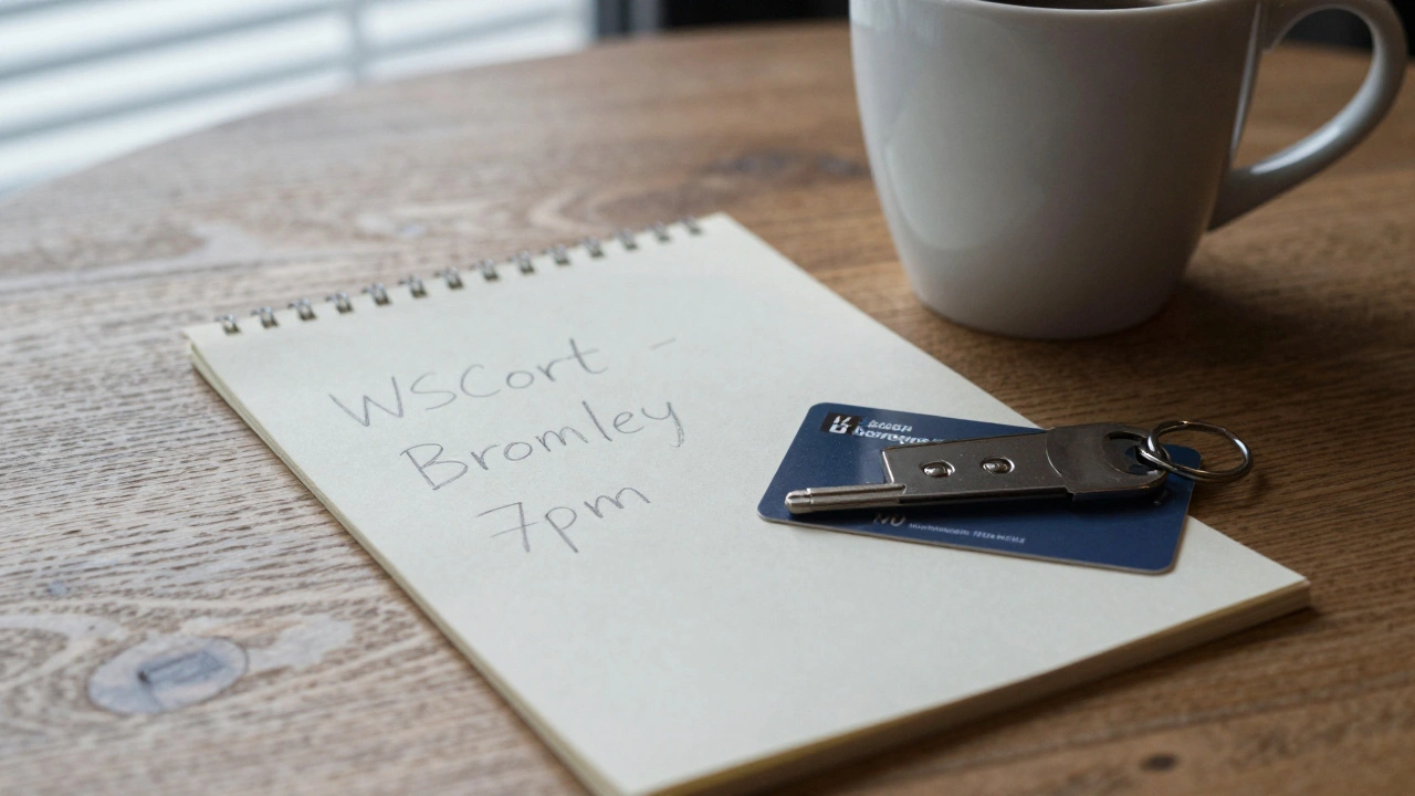 A handwritten note with location and time rests on a wooden table beside a coffee cup in a quiet café.