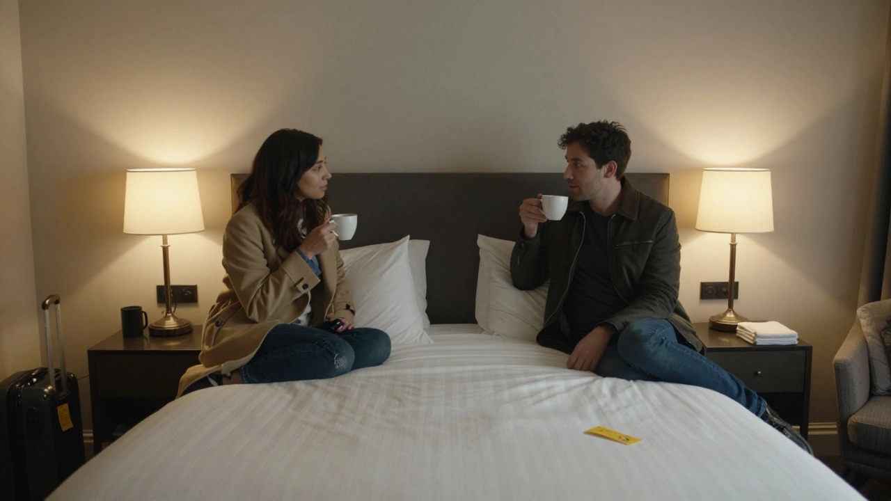 A man and woman having a calm, respectful conversation in a hotel room, no physical contact, just quiet connection.