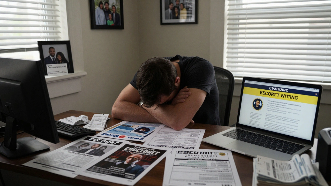 A man sits alone in his home office surrounded by escort ads and a therapist's card, dawn light filtering in.