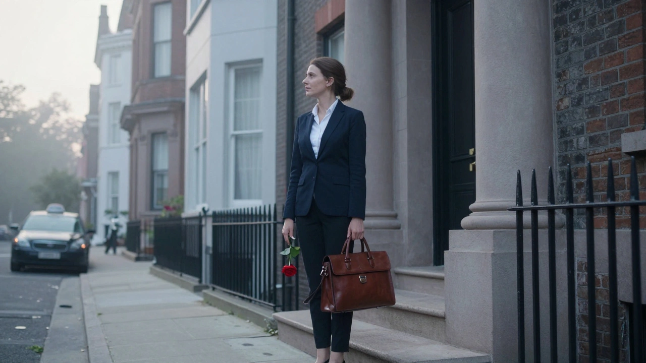 A professional woman stands on a townhouse step with a satchel and rose, early morning light filtering through historic brick and modern glass.