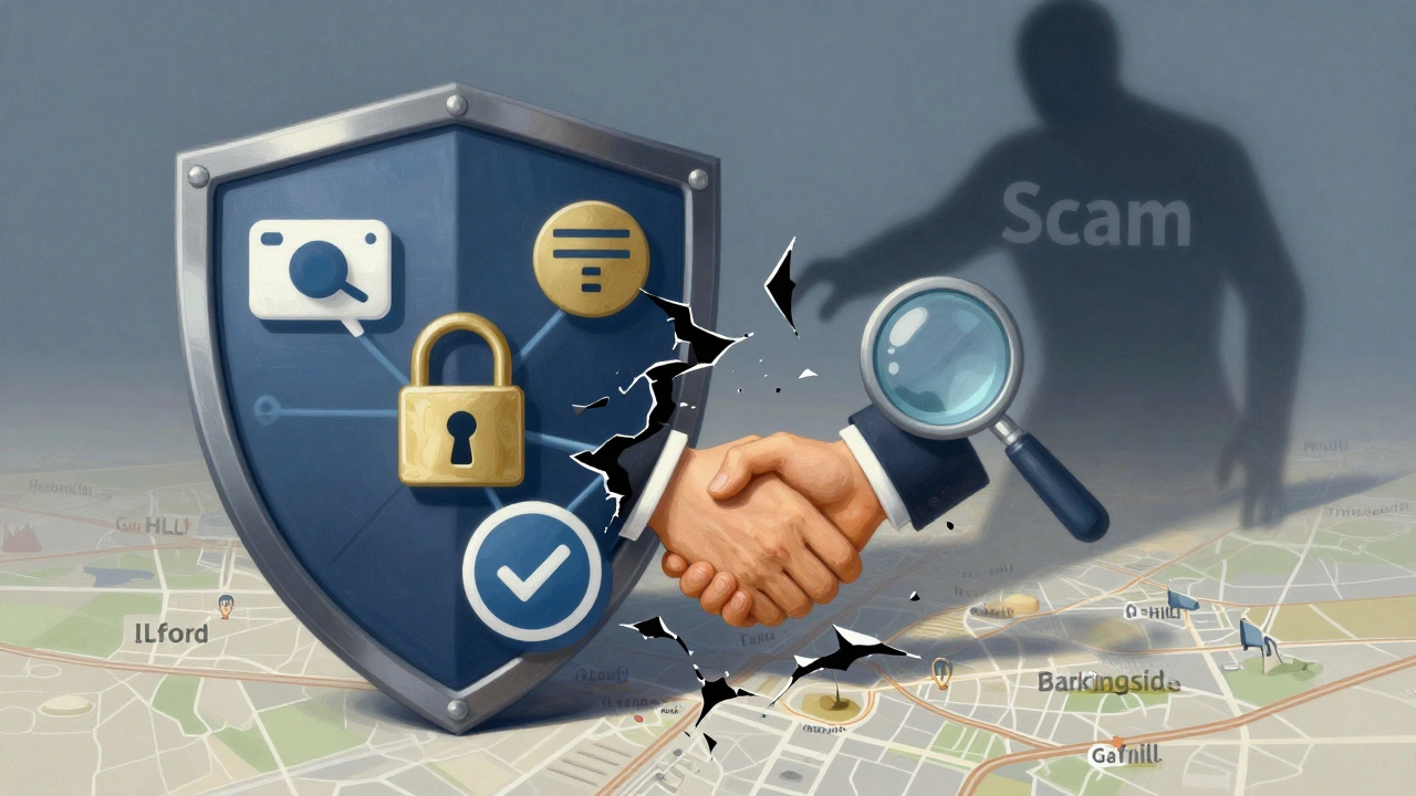 A protective shield made of safety icons breaking apart a scam figure, with a faint map of Ilford below.