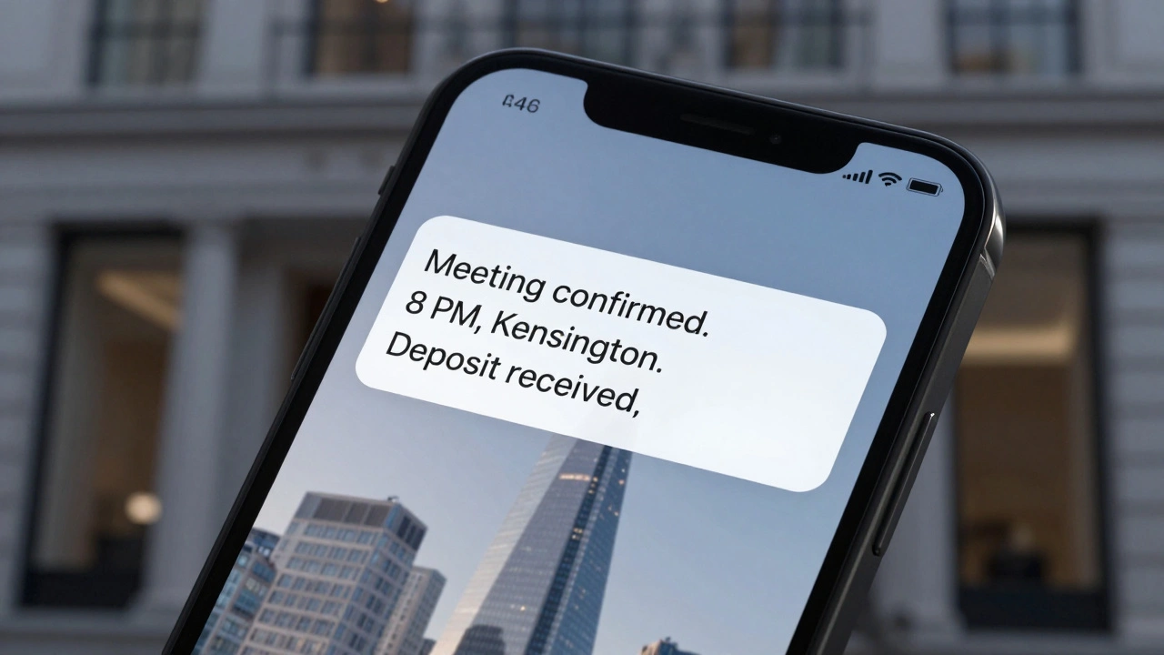 A secure messaging app on a smartphone showing a confirmed escort meeting with deposit received, London skyline reflected in the screen.