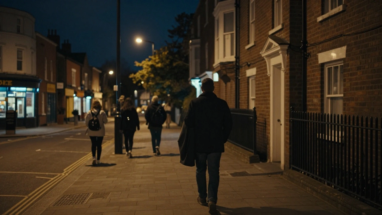 A solitary figure walking away from an apartment block in NW5 at night under streetlights.