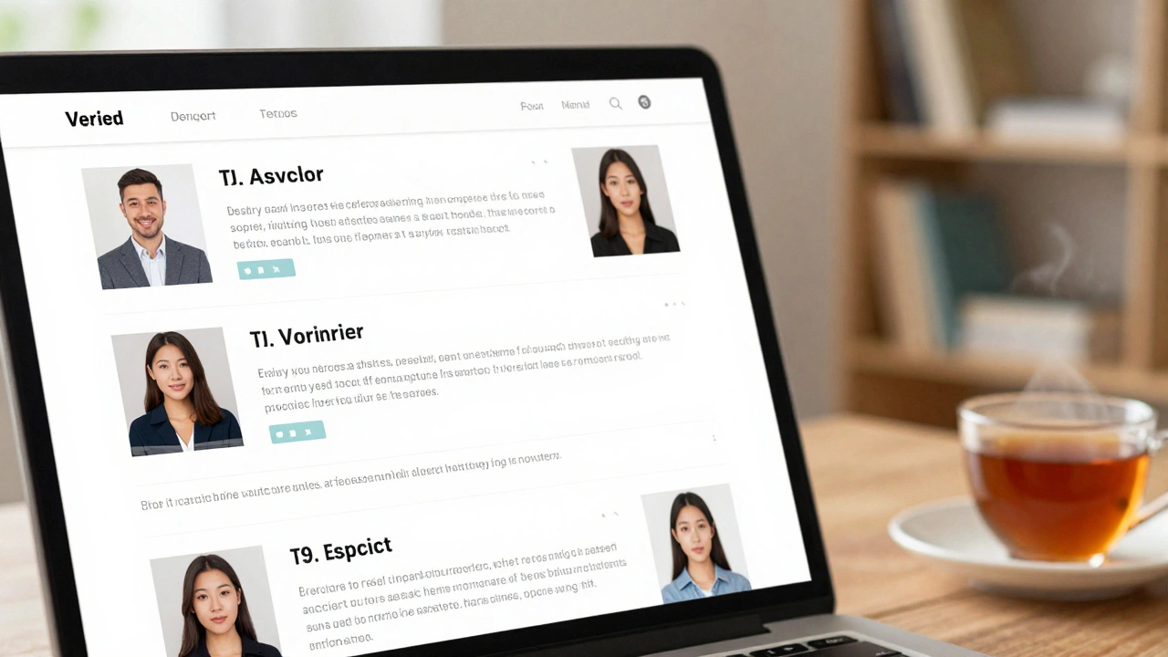 A verified escort profile on a laptop with authentic photos and client reviews.