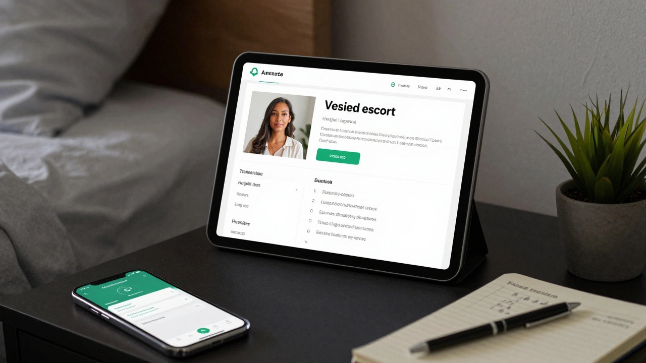 A verified escort profile on a tablet shows natural photos and clear service details, with payment app and boundaries visible nearby.