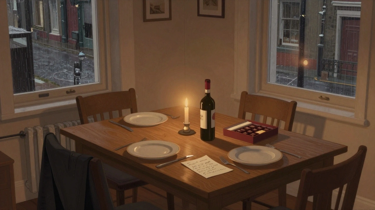 A warmly lit private dining setting in Kensington with wine, chocolate, and a handwritten note.